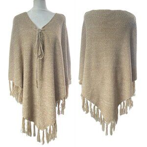 TORRID Women V Neck Poncho Sz S/M Tan Sweater Fringe Hem Cozy Casual 77-38